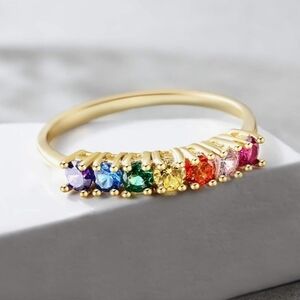 E 14K Gold Plated Rainbow Cubic Zirconia Eternity Ring Size 8
